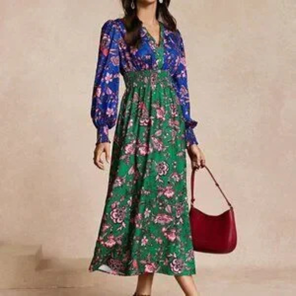 Multicolor Boho Women's Fitted Spliced Print Dress - Picture 4 of 5